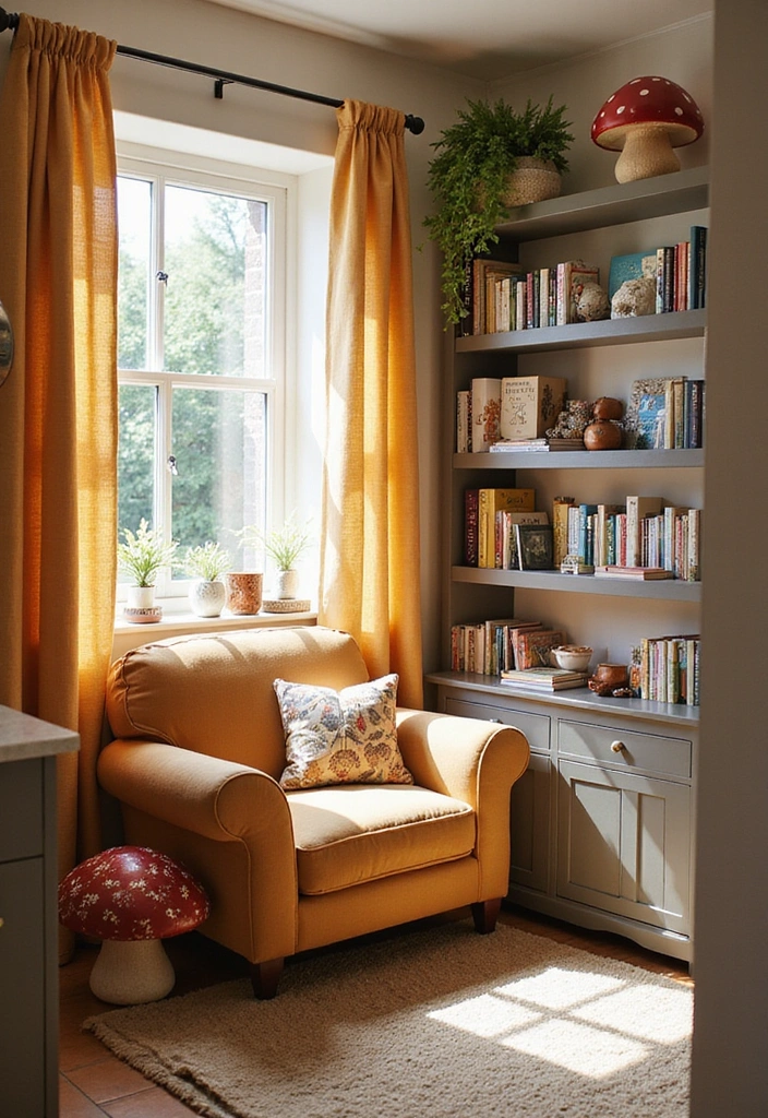 15 Whimsical Mushroom Kitchen Designs That Will Make Every Bookworm Smile! - 5. Book Nooks with Mushroom Decor