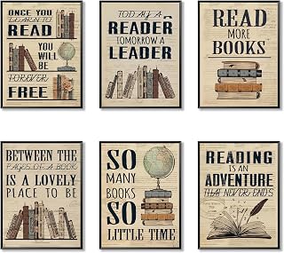 6 Piece Vintage Reading Quote Wall Art Prints, Retro Book Lover Canvas P...