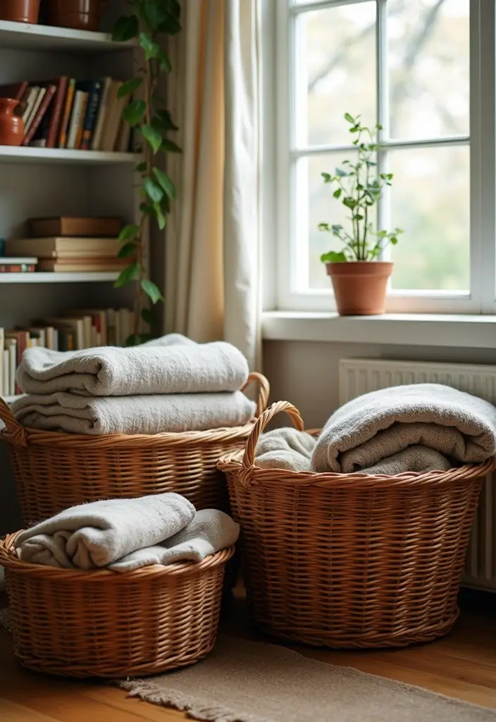 23 Aesthetic Grandmacore Home Decor Ideas for Book Lovers - 11. Vintage Baskets