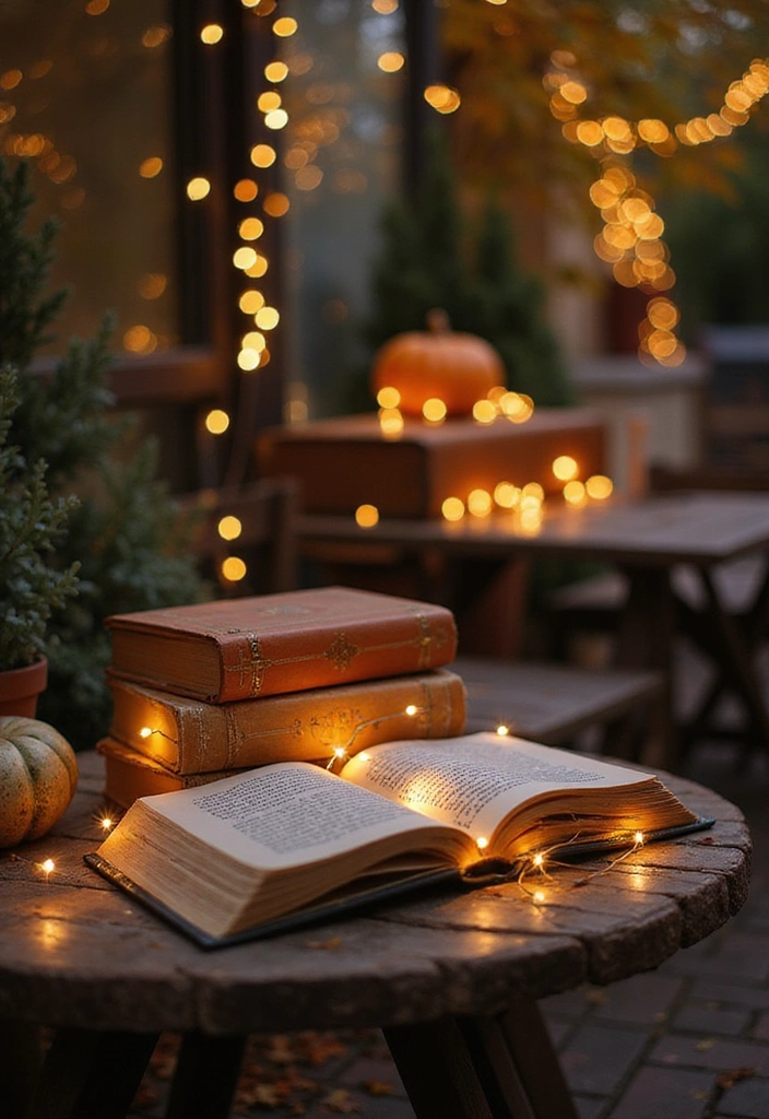 17 Enchanting Fall Door Decor Ideas for Book Lovers That Will Make Your Neighbors Jealous! - 8. Fairy Light Book Display