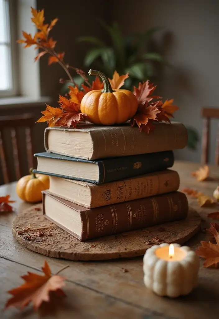 16 Easy Thanksgiving Living Room Decor Ideas for Book Lovers - 9. Book-Themed Centerpieces