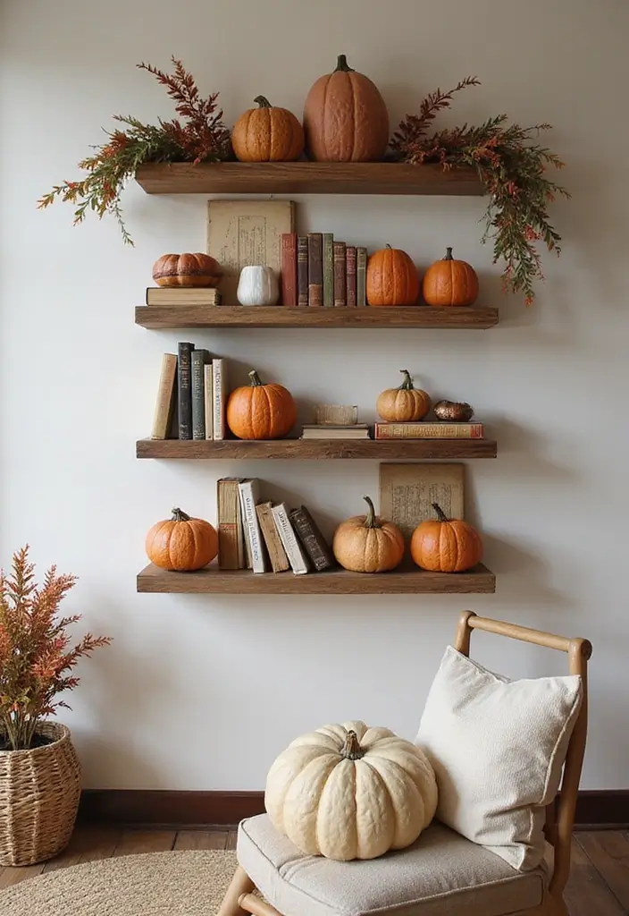16 Easy Thanksgiving Living Room Decor Ideas for Book Lovers - 14. Festive Wall Shelves