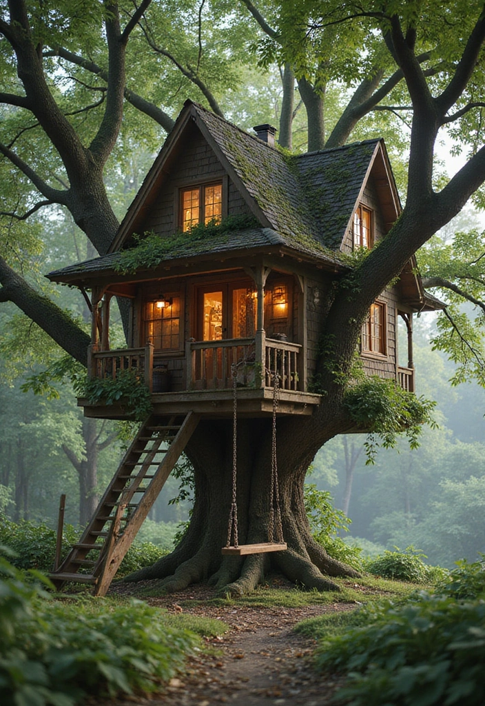 16 Unique Treehouse Designs Perfect for Book Lovers - 9. The Cozy Retreat with a Swingset