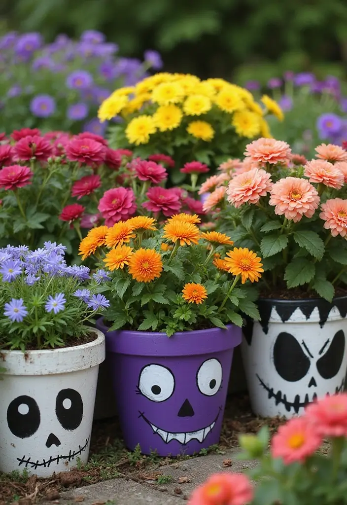 14 Quirky Halloween Home Garden Ideas for Book Lovers - 9. Cute Haunted Flower Pots