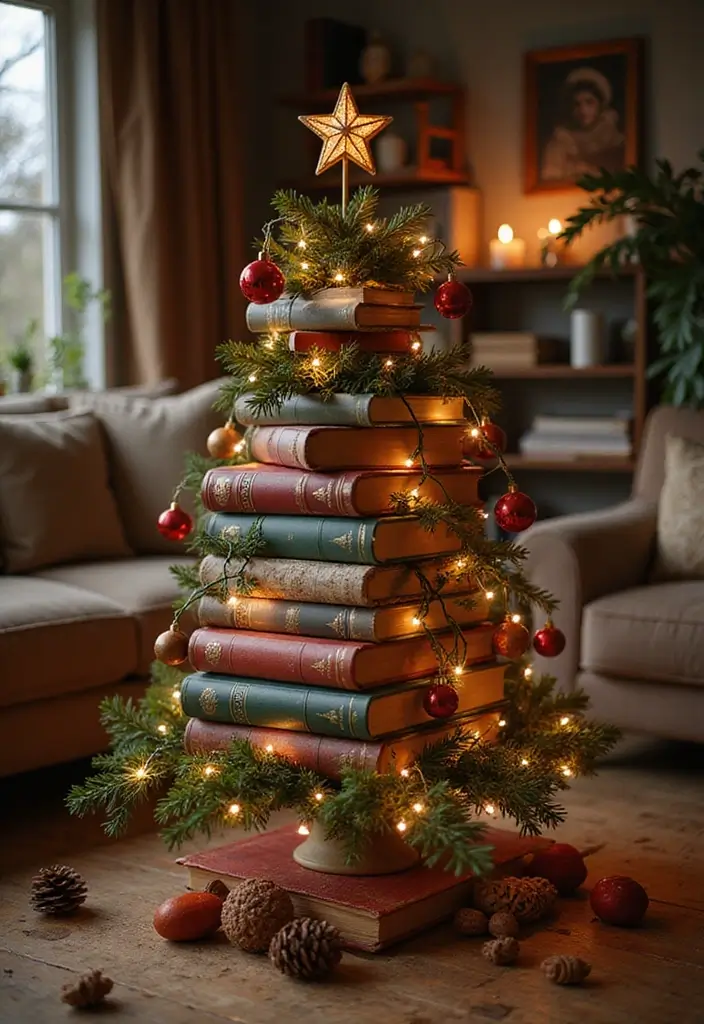 18 Enchanting Christmas Home Decor Ideas Every Book Lover Will Adore! - 6. Vintage Book Tree