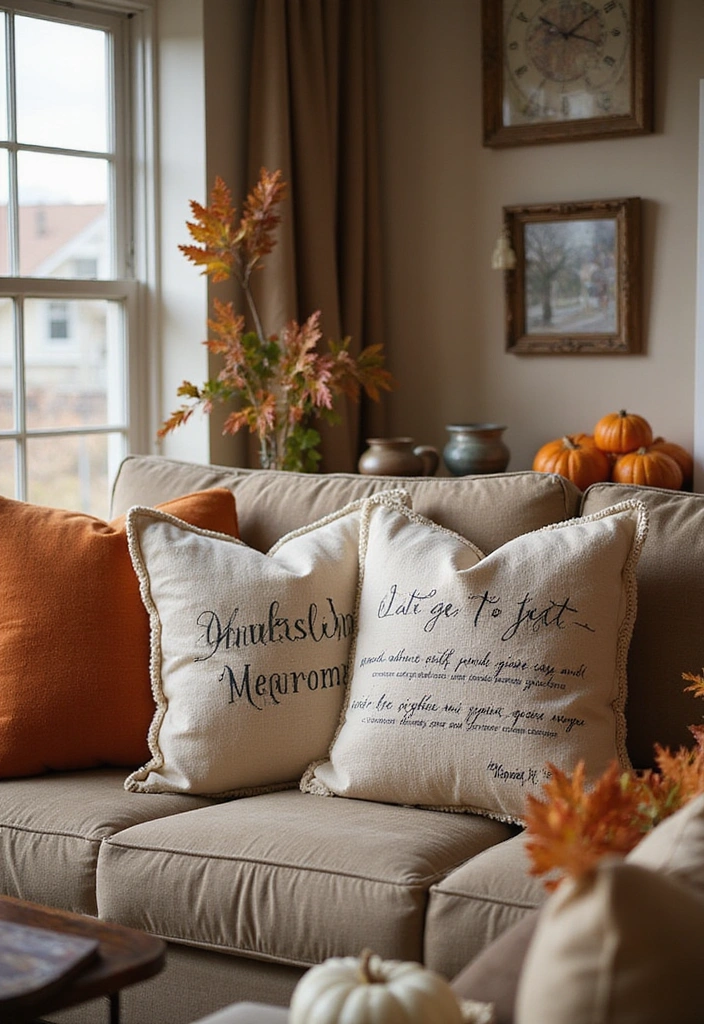 16 Easy Thanksgiving Living Room Decor Ideas for Book Lovers - 10. Cozy Throw Pillows with Literary Quotes