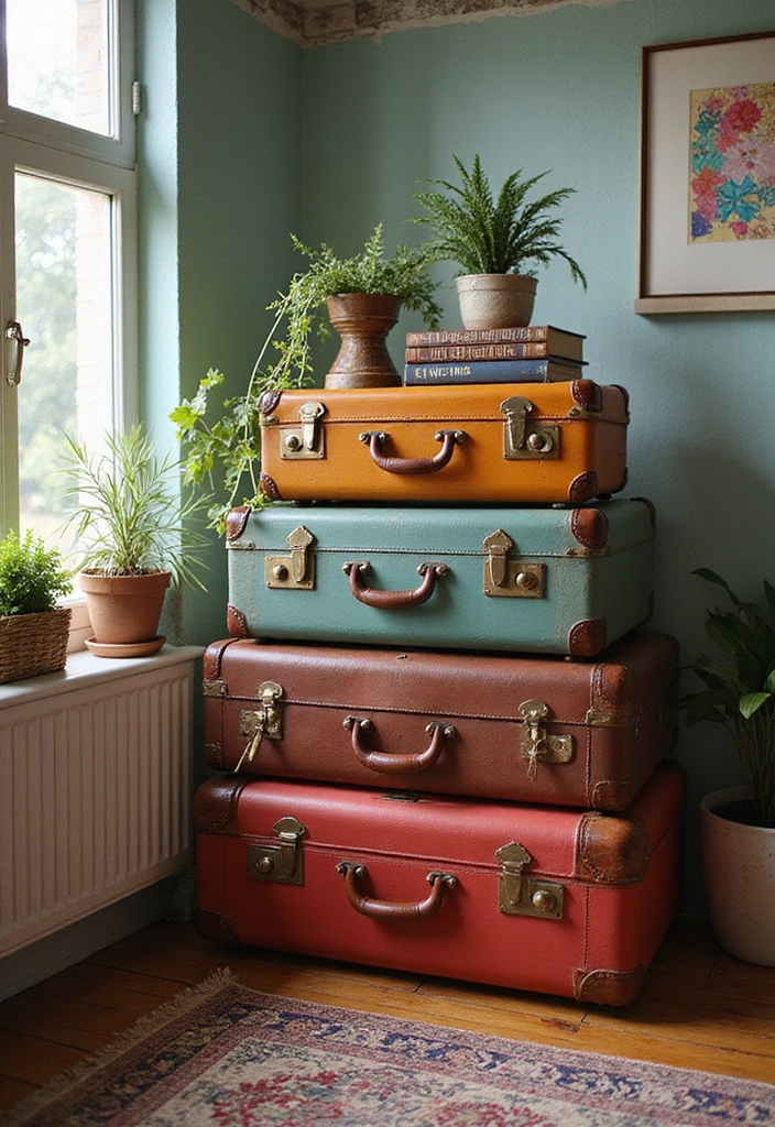 12 Whimsical Maximalist Bedroom Decor Ideas for Book Lovers with Imagination! - 6. Vintage Suitcases as Storage