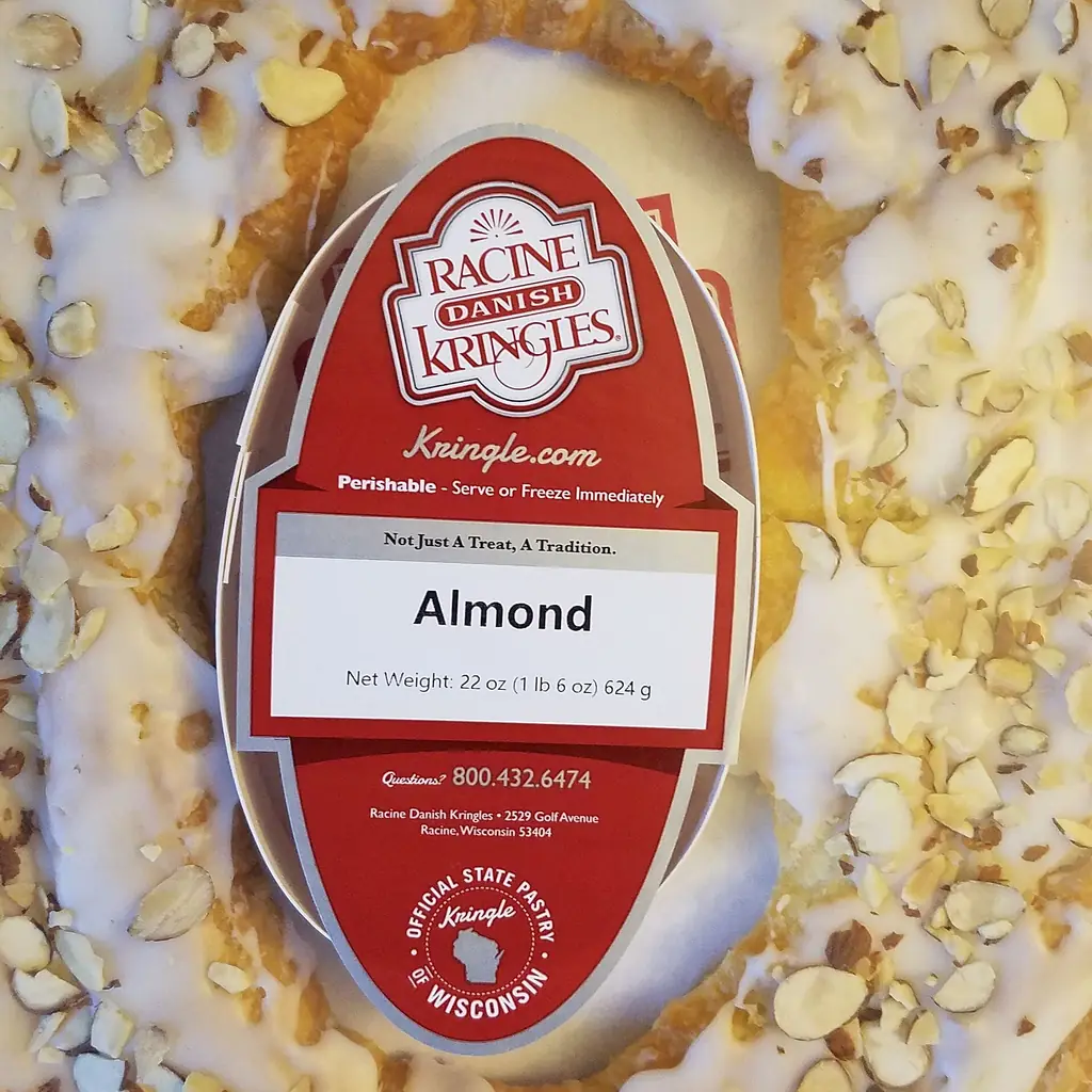 Packaged almond kringle from a bakery in Racine, Wisconsin.