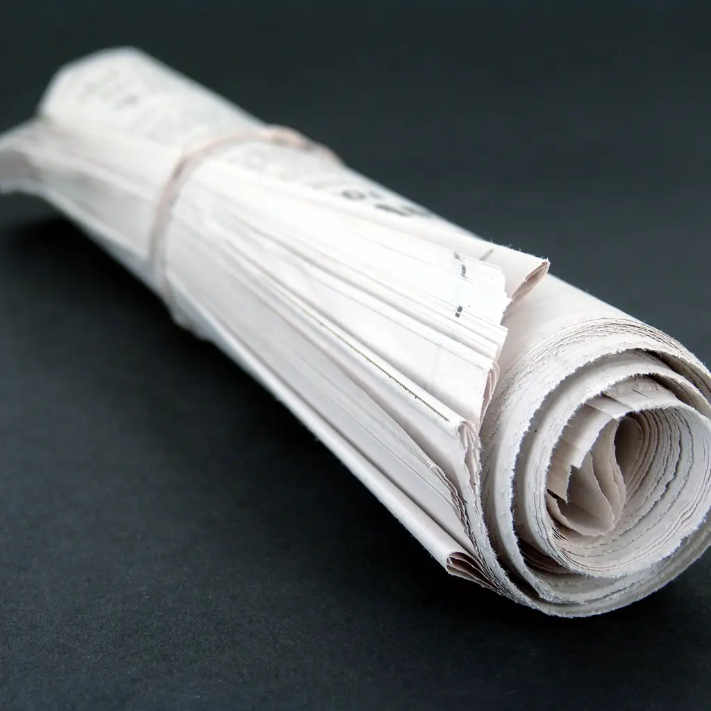 A rolled newspaper on a dark surface.