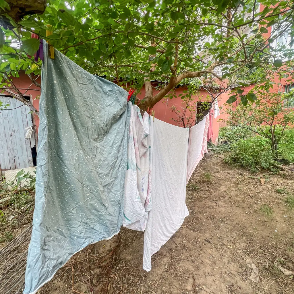 Laundry hanging from an outdoor clothesline in a garden.