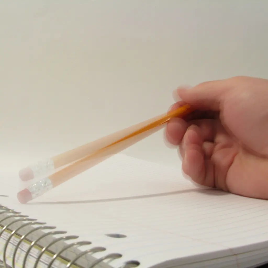 A hand holding a pencil above an open notebook.