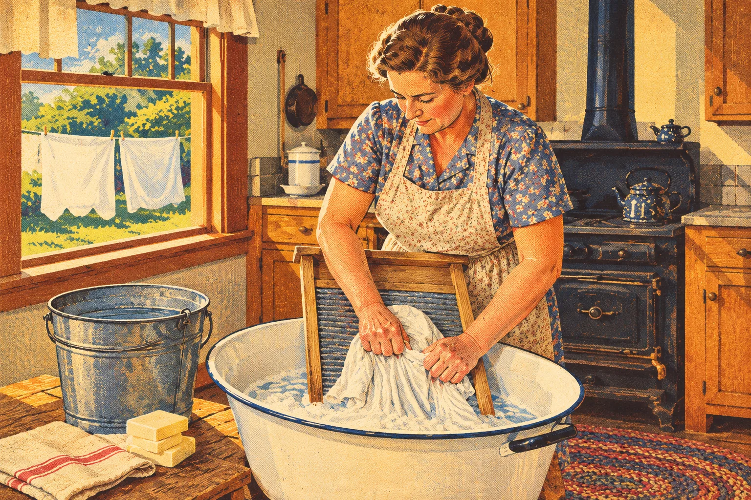 Vintage magazine illustration of washing clothes with a washboard.