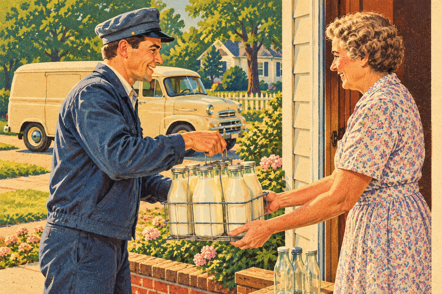 Printed-paper illustration of a milk delivery at a family front door.