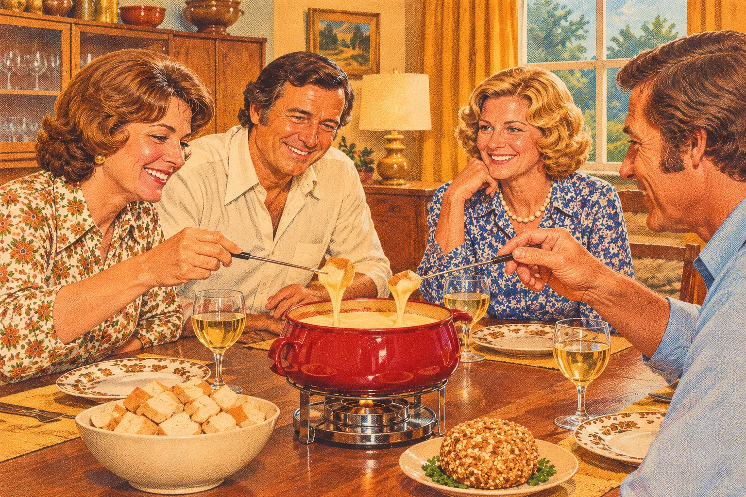 Printed-paper illustration of a 1970s fondue dinner party.