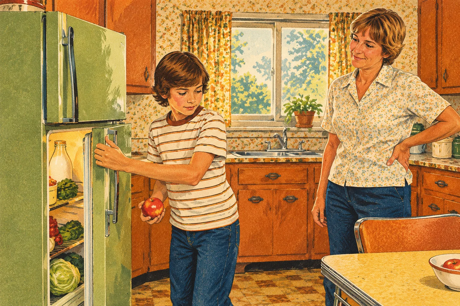 Magazine illustration of a boy opening a refrigerator as his mother watches.