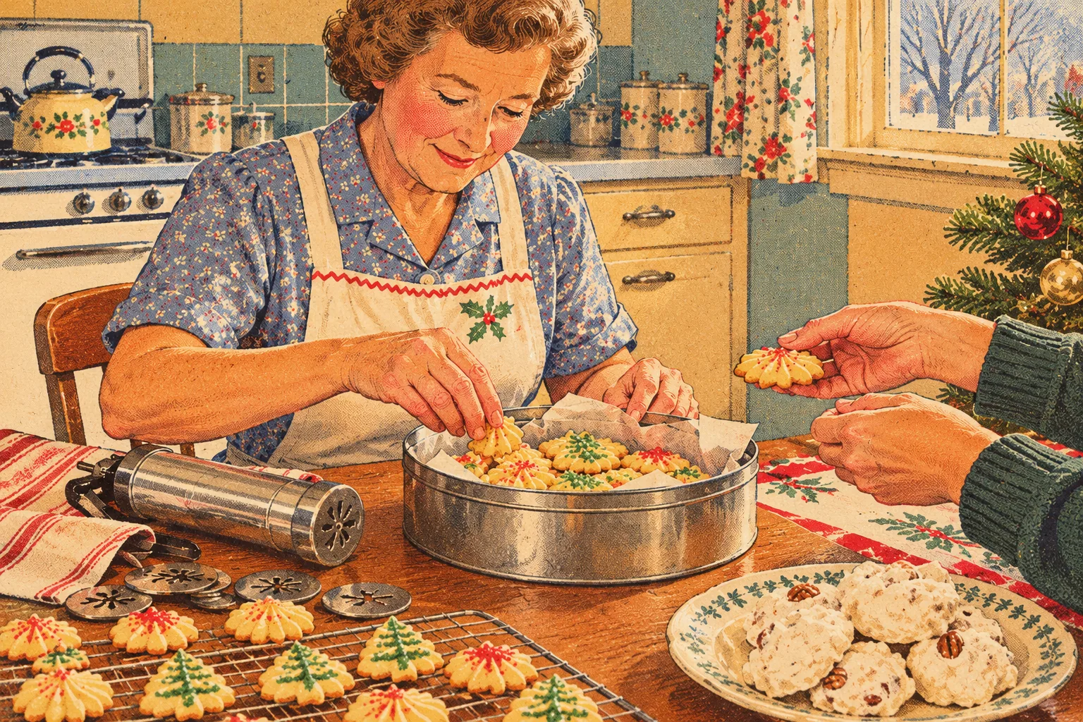 Printed-paper illustration of a grandmother packing homemade Christmas cookies.