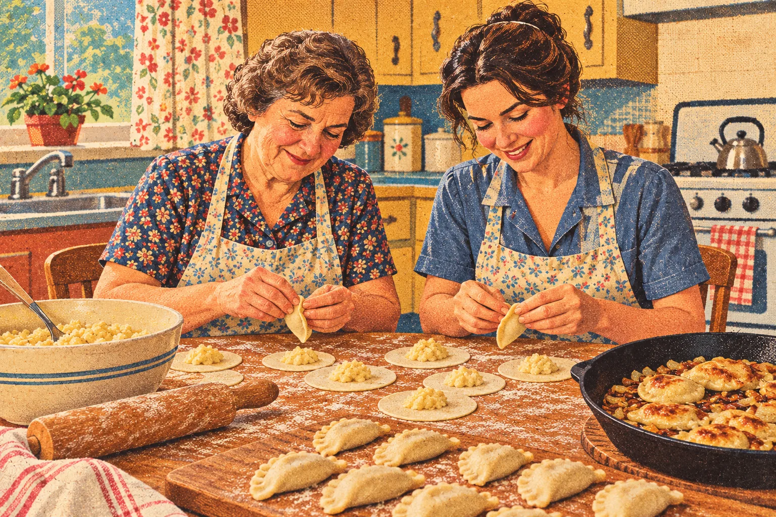 Magazine illustration of two generations making pierogi together.