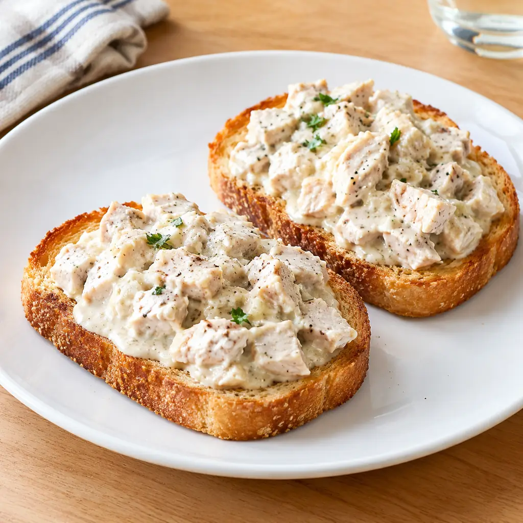 Two slices of crisp toast topped with chopped cooked chicken in a thick white cream sauce on a plain plate