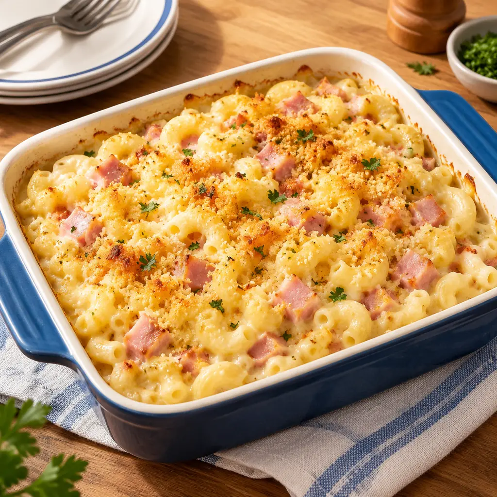 A home-baked casserole of elbow macaroni, small cubes of cooked ham and a light creamy cheese sauce, with a few browned crumbs on top