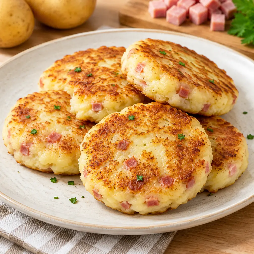 Flat golden pan-fried ham-and-potato cakes with tiny pink ham pieces and mashed-potato centers, served on a simple ceramic plate