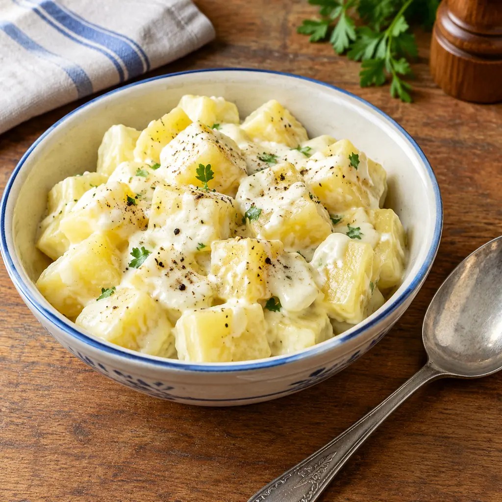 A small bowl of diced boiled potatoes coated in smooth white cream sauce with pepper, beside a serving spoon