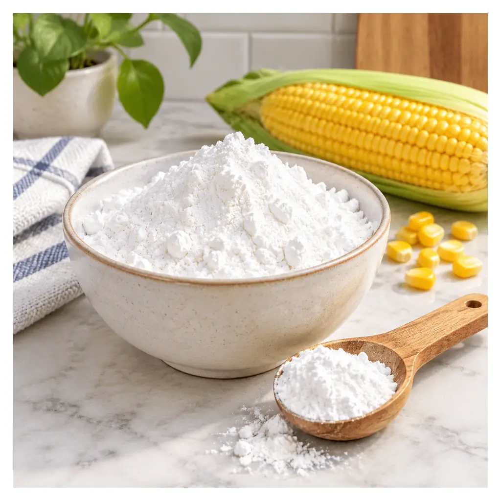 A clean contemporary illustrative still life of a small bowl of fine white food-grade corn starch with a wooden measuring spoon and a yellow ear of corn in the background on a home kitchen counter