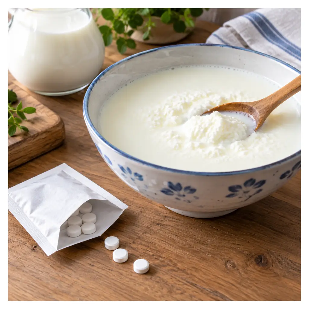 A contemporary illustrative food still life showing a few small plain white food-use rennet tablets in an unbranded open paper sachet beside a bowl of milk starting to set as a simple rennet dessert