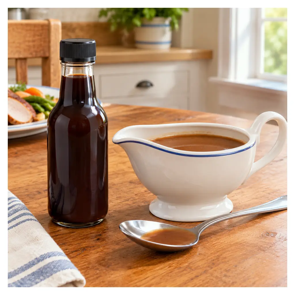 A contemporary illustrative still life of a small plain unbranded bottle of dark brown culinary browning sauce beside a gravy boat containing brown gravy and a serving spoon on a home kitchen table