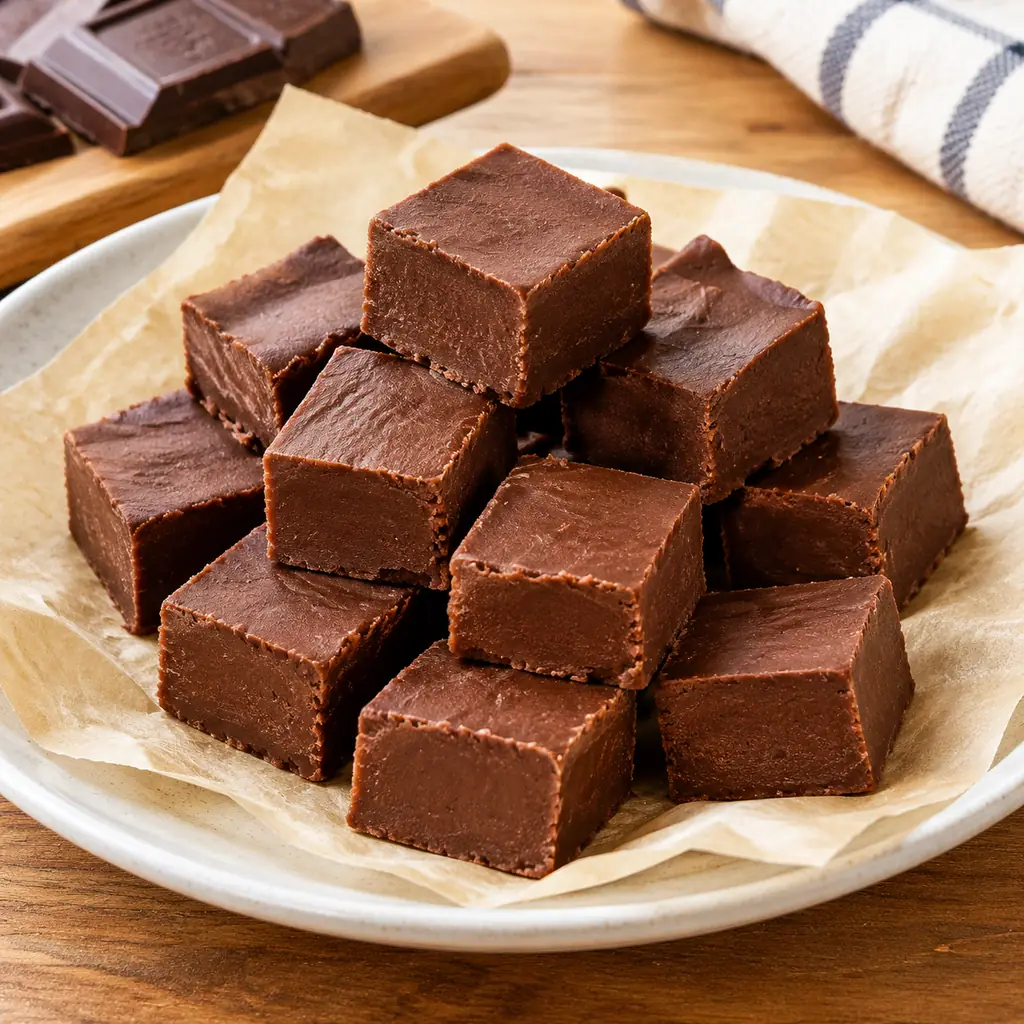 Traditional cooked chocolate fudge cut into small dense matte chocolate-brown cubes on a plate with baking parchment