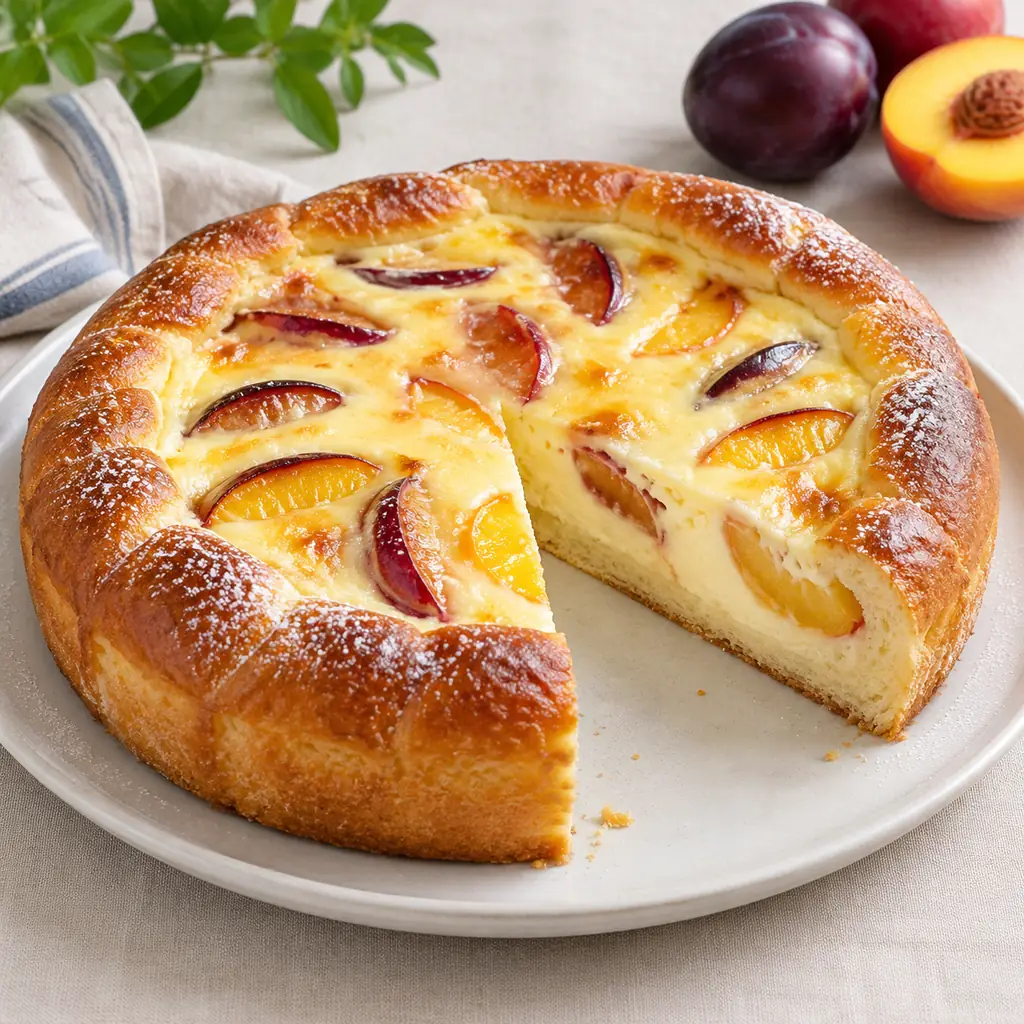 A traditional South Dakota German-Russian fruit kuchen with a raised yeast-dough rim, creamy egg-and-sour-cream custard and sliced plums or peaches visible in the filling