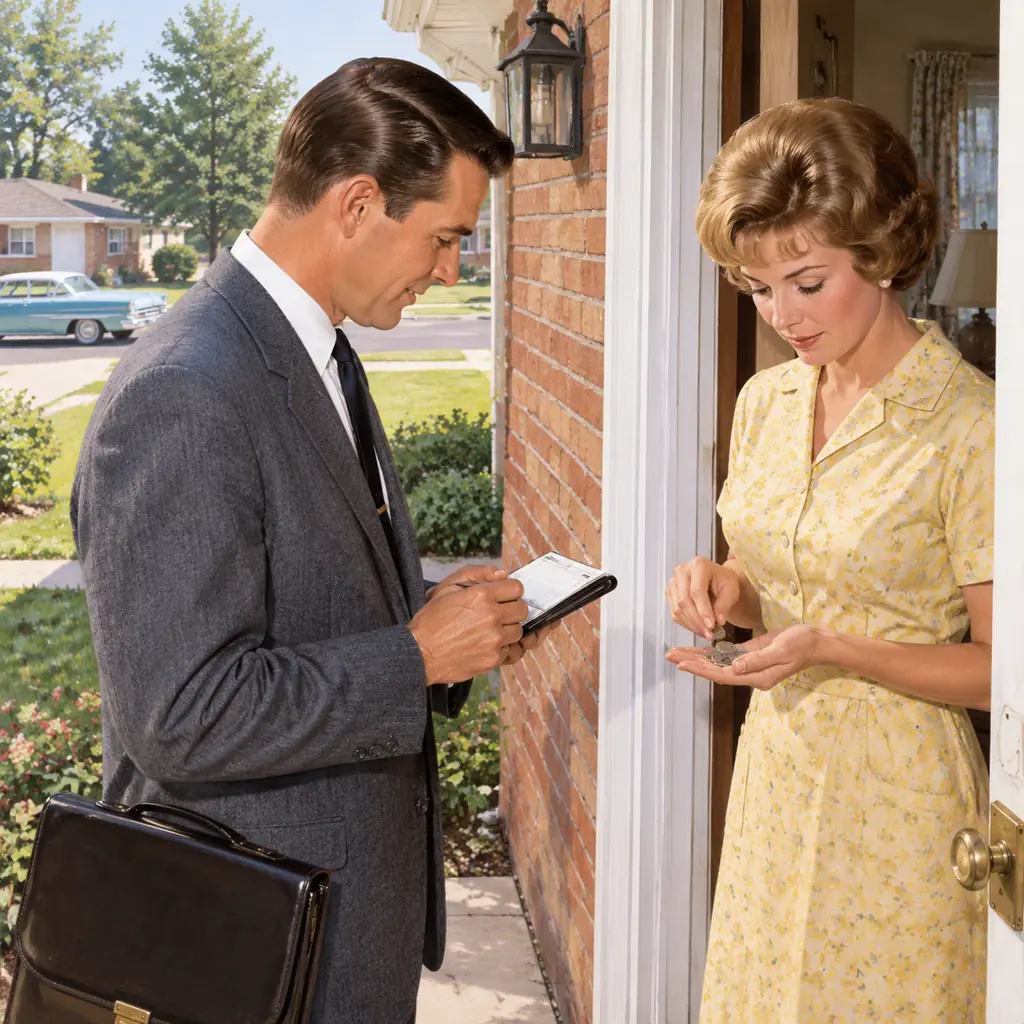 A contemporary illustrative reconstruction of a 1960s American household insurance premium collection visit: a neatly dressed adult representative at a modest front door with a small paper premium book, a homeowner checking a few coins