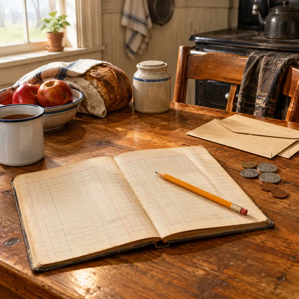 A modest household account book open on an old kitchen table with a pencil, a few coins and plain envelopes