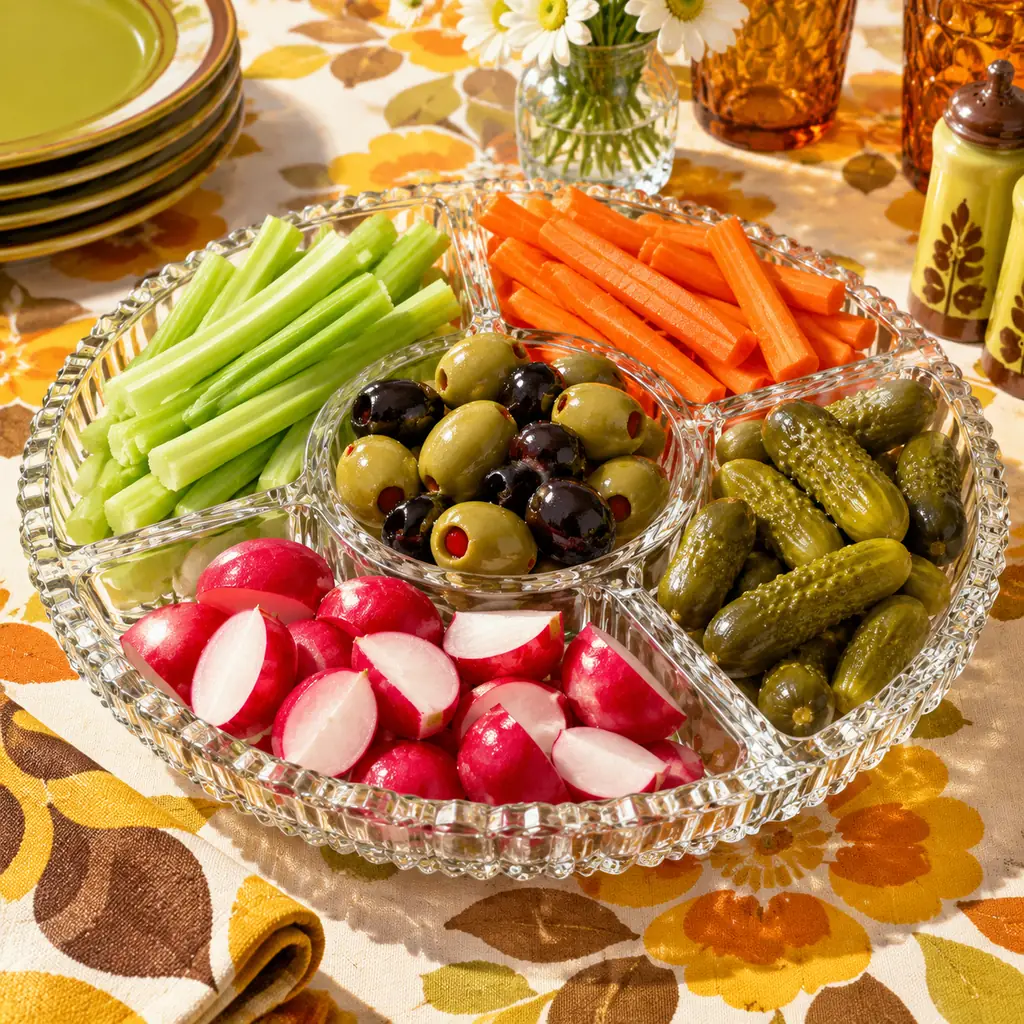 A bright close-up of a divided vintage clear glass relish tray filled with crisp celery sticks, carrot sticks, green and black olives, radishes and small dill pickles on a 1970s-style home dinner-party table