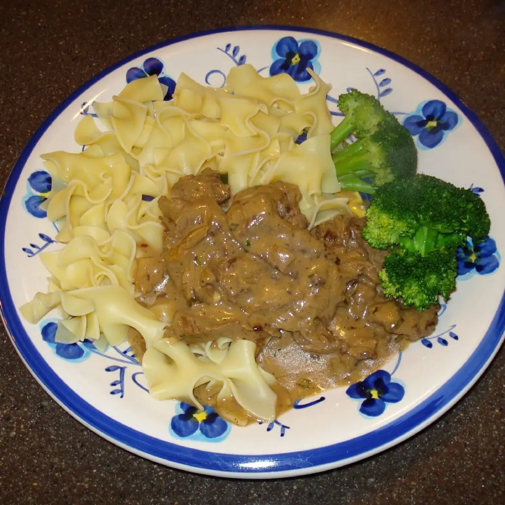 Beef stroganoff over noodles