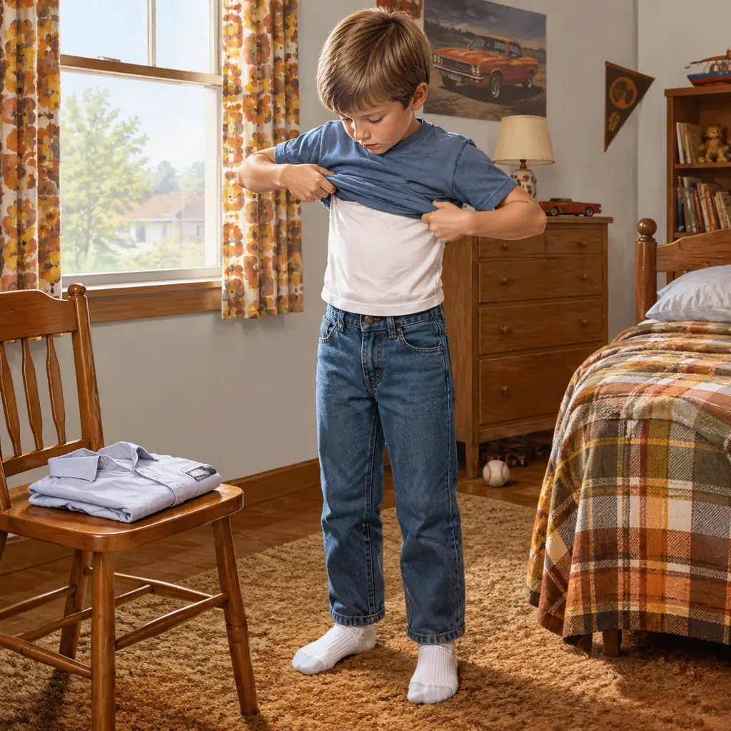 A contemporary illustrative reconstruction of a 1970s American child changing from tidy school clothes into plain casual play clothes in a modest bedroom