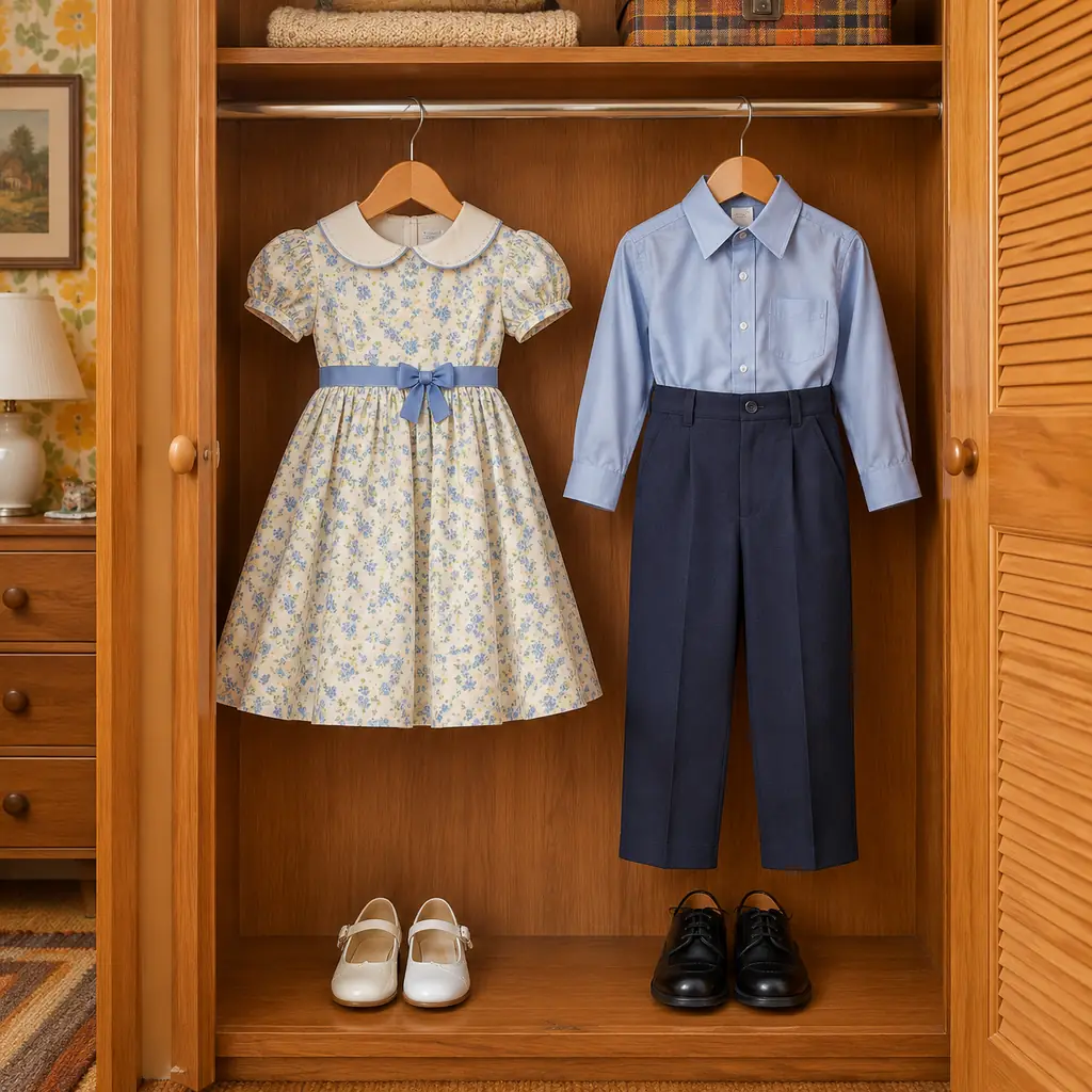 A contemporary illustrative reconstruction of clean special-occasion clothes carefully hung in a modest 1970s American family wardrobe: a child-sized dress and a child-sized buttoned shirt with trousers, polished shoes below