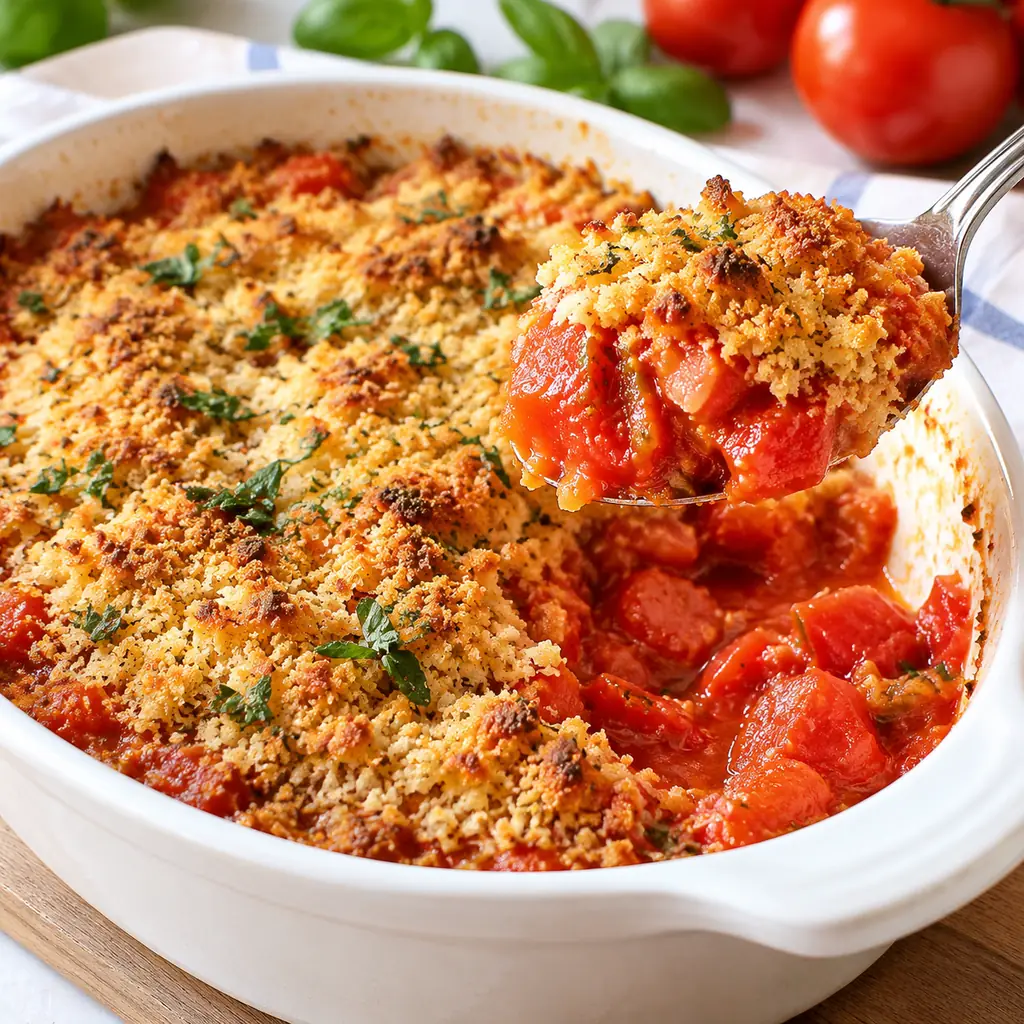 Illustration of a bright food photograph of scalloped tomatoes: chopped stewed red tomatoes baked in a shallow casserole with a coarse toasted breadcrumb topping. Show a.