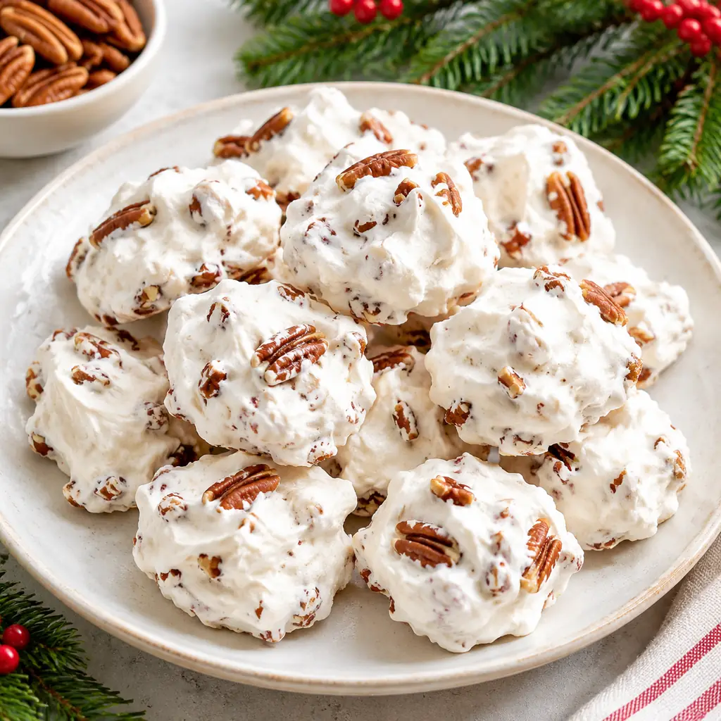 Illustration of a bright overhead food photograph of divinity candy: small airy white sugar-and-egg-white confections with pecan pieces, irregular rounded dollops on a plain.