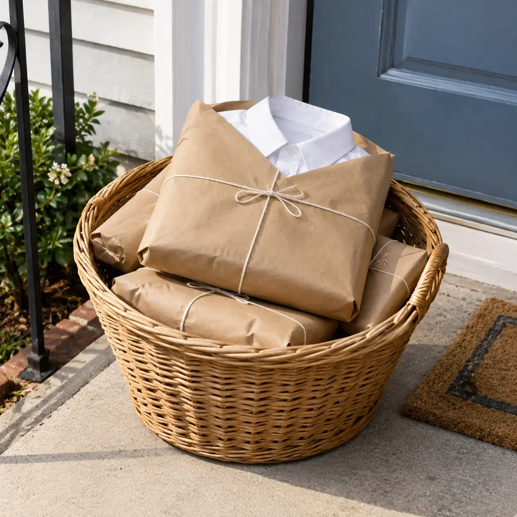 Illustration of a contemporary reconstruction of pressed cotton shirts wrapped in plain brown paper with string, in a simple laundry basket on a modest1960s American doorstep.
