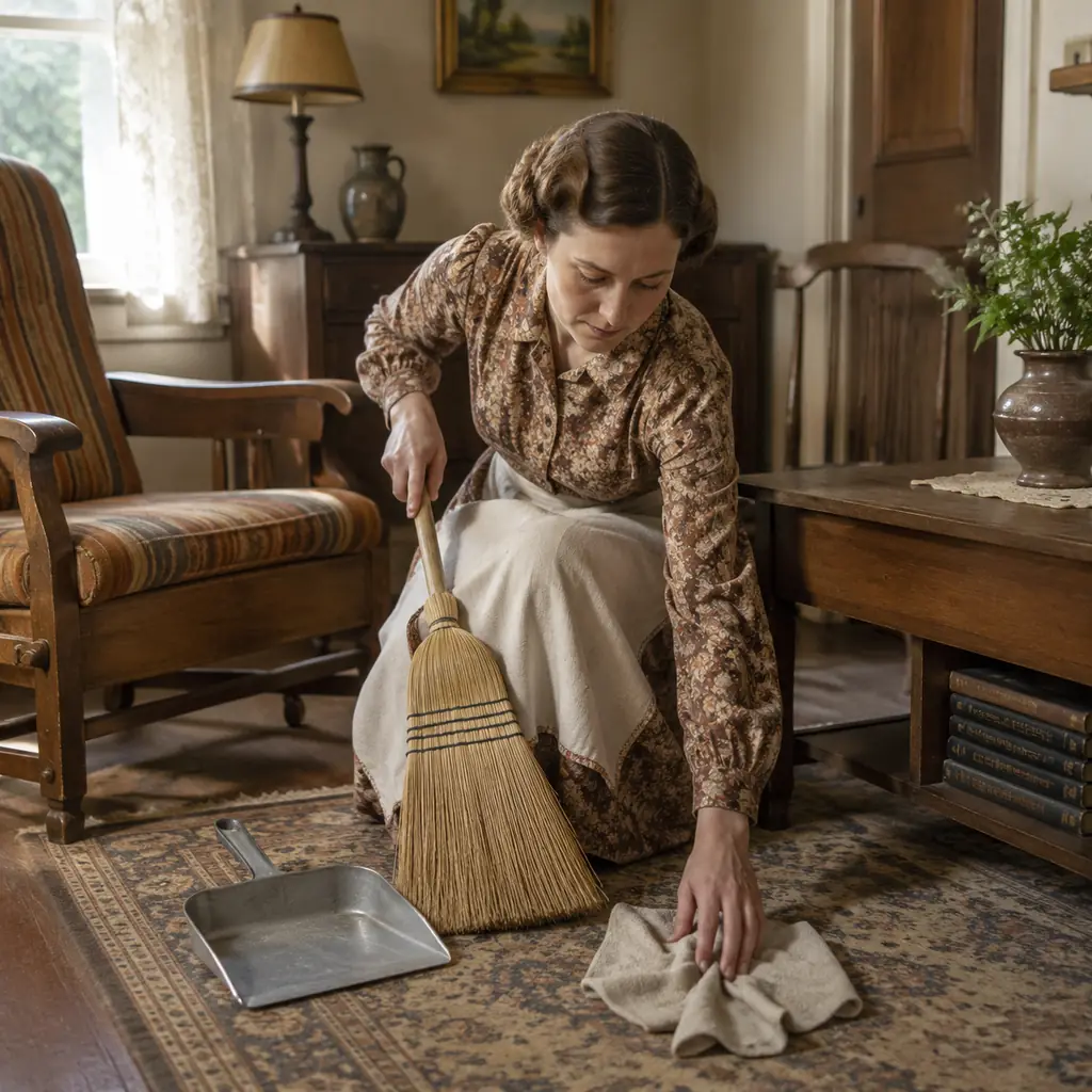 Illustration of a modest1930s American sitting room with a straw broom, metal dustpan and cotton dust cloth beside simple wooden furniture. Soft natural daylight. No plastic.