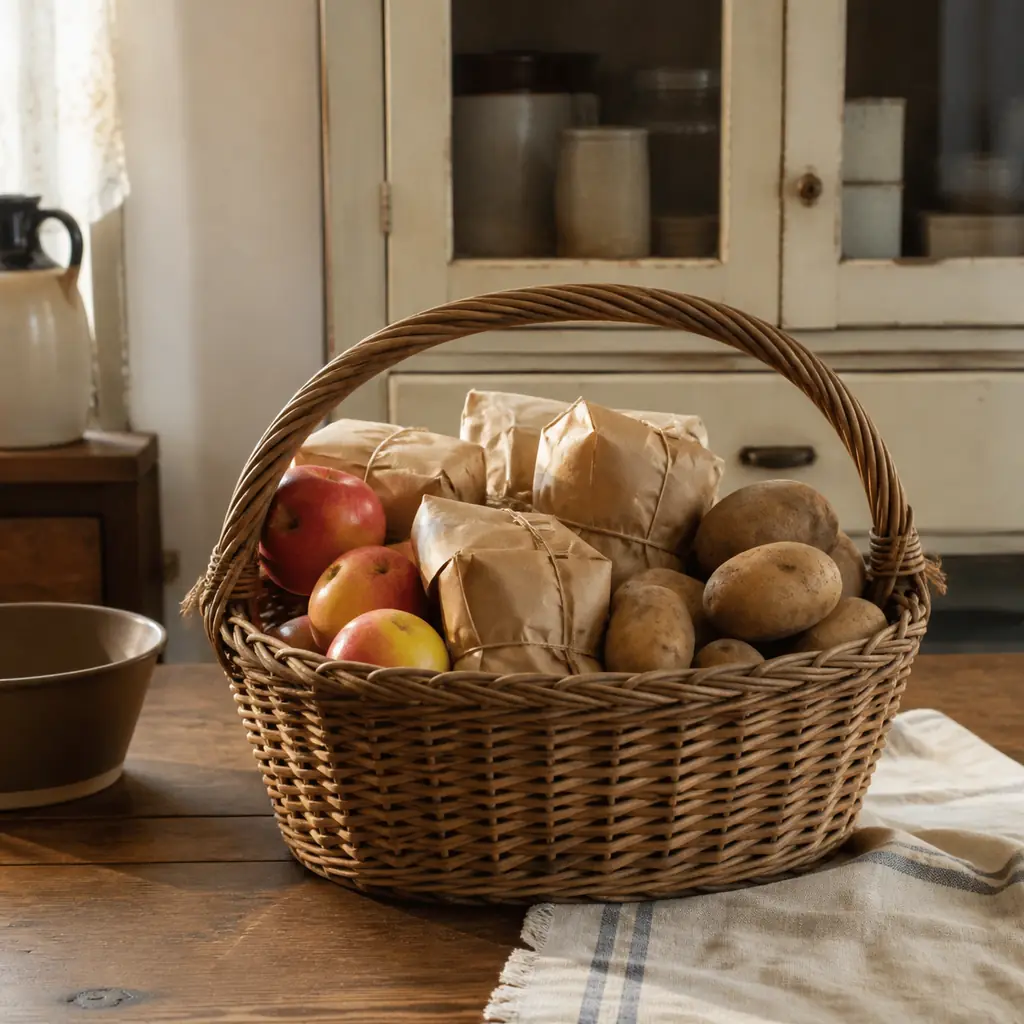 Illustration of a woven grocery basket containing plain paper-wrapped parcels, potatoes and apples on a wooden1930s kitchen table. A simple pantry cabinet behind. No printed.