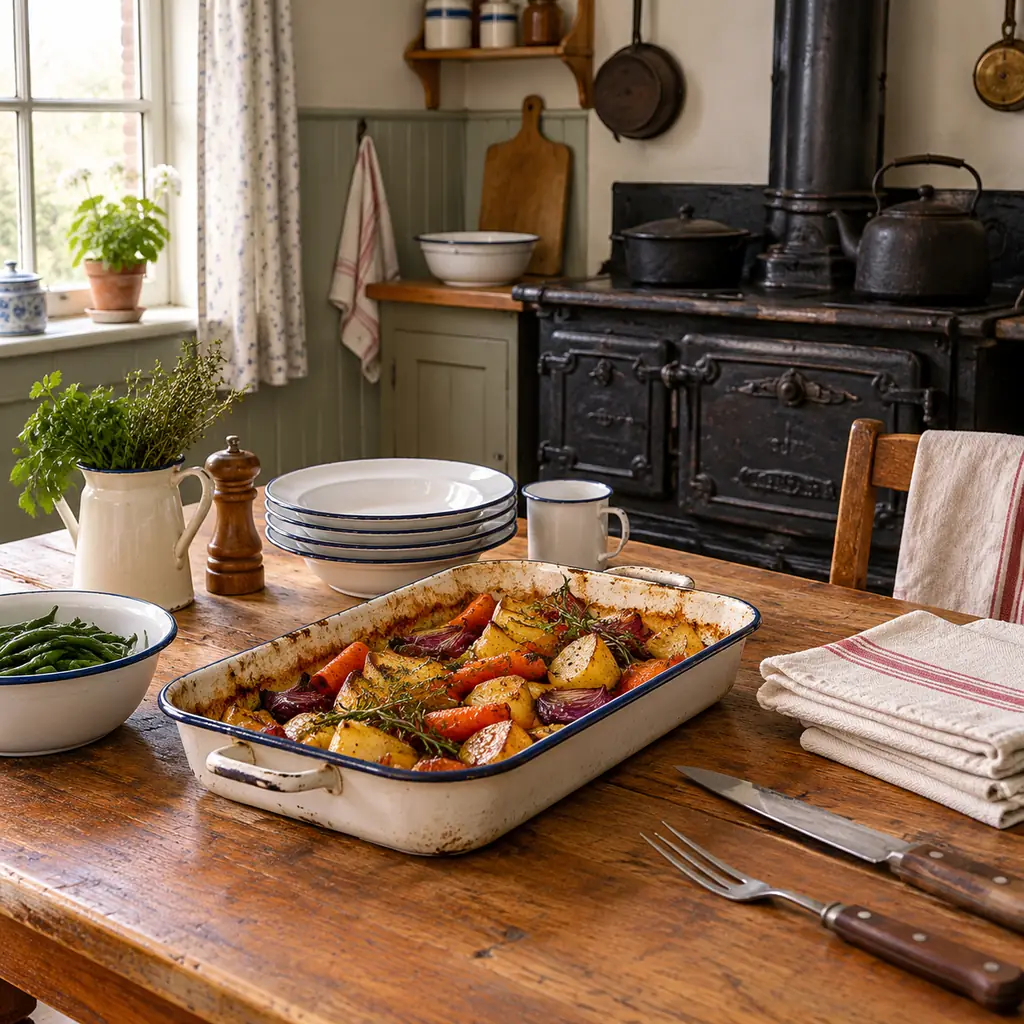 Illustration of a contemporary reconstruction of a1930s family kitchen work surface with a roasting pan of vegetables, plain enamel dishes and folded linen ready for Sunday.