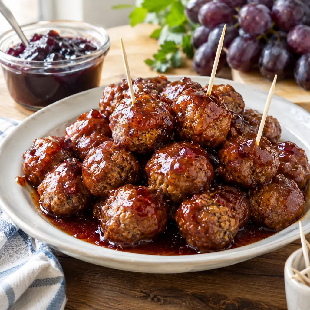 Illustration of 1:1 square composition, realistic, text-free editorial photograph showing grape-jelly cocktail meatballs.