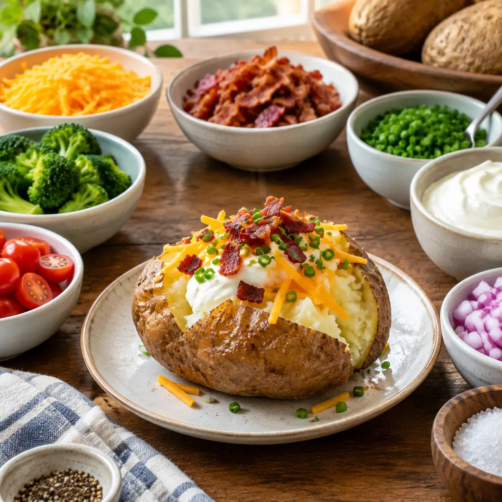 Illustration of 1:1 square composition, realistic, text-free editorial photograph showing baked potatoes with separate toppings.