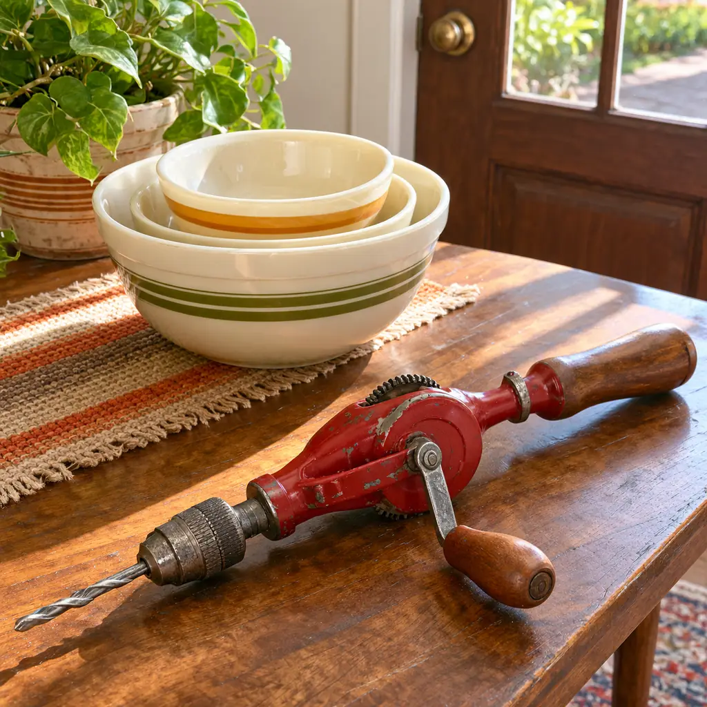 Illustration of a contemporary still life of a well-kept1970s hand tool and a small unbranded kitchen mixing bowl set near a front-door table, suggesting borrowed household.