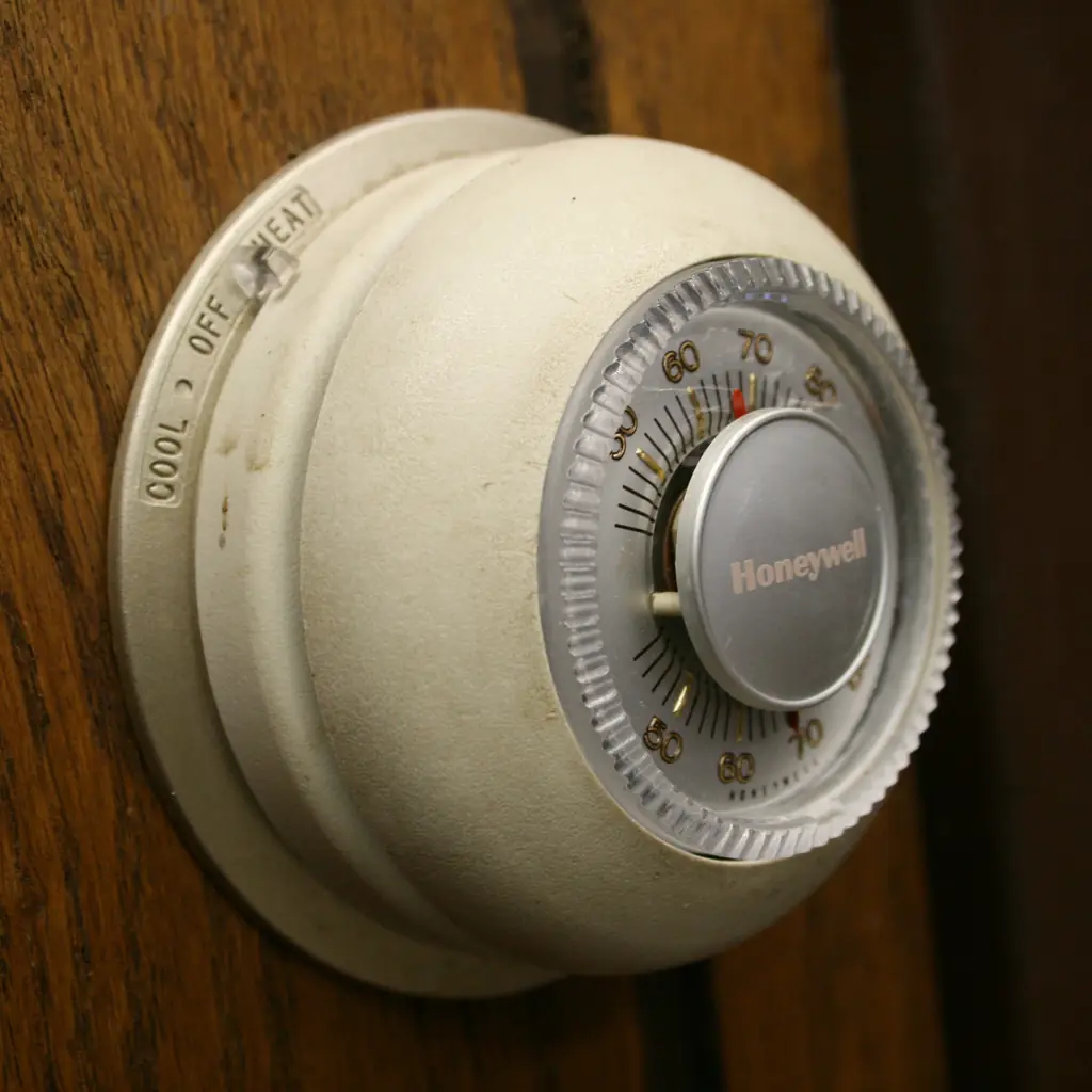 A round Honeywell thermostat on a wall.